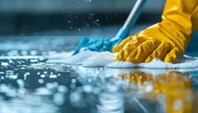 A person in yellow gloves and blue gloves cleaning a floor